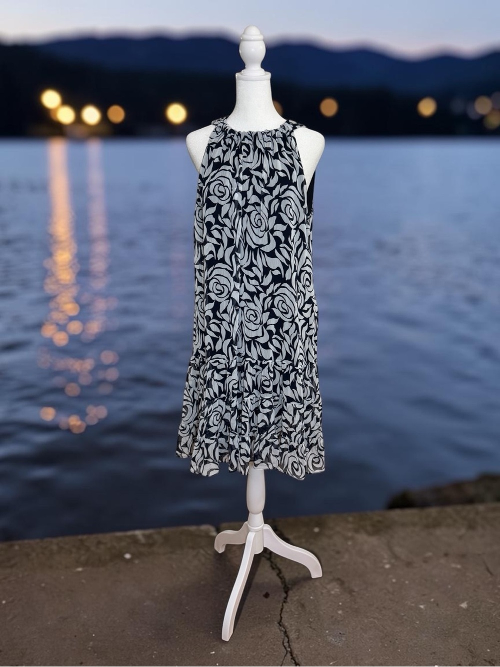 MSK Navy Blue and White Floral Sleeveless Halter Dress